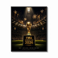 Framed FIFA World Cup trophy on pedestal print shown as a bold statement piece on a clean gallery wall