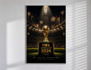FIFA World Cup trophy on pedestal poster in a slim frame on a bright wall with soft window light