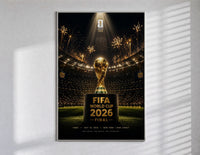 FIFA World Cup trophy on pedestal poster in a slim frame on a bright wall with soft window light