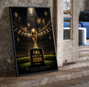 FIFA World Cup trophy on pedestal print in a black frame leaning beside a vintage door on parquet