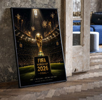 FIFA World Cup trophy on pedestal print in a black frame leaning beside a vintage door on parquet