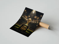 Rolled FIFA World Cup trophy on pedestal poster beside its crush-resistant kraft shipping tube