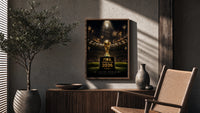 FIFA World Cup trophy on pedestal poster framed above a fluted sideboard beside an olive tree