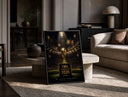 FIFA World Cup trophy on pedestal print in a black frame leaning on a travertine table in a sunlit lounge