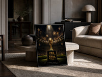 FIFA World Cup trophy on pedestal print in a black frame leaning on a travertine table in a sunlit lounge
