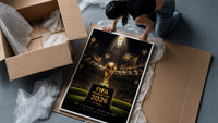 FIFA World Cup trophy on pedestal framed print being unpacked from protective bubble wrap and a box