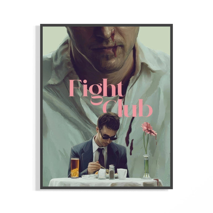 Suited man in sunglasses seated at a diner table with a drink in the Fight Club poster