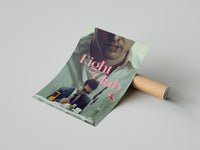 Person unrolling the Fight Club diner print on a concrete floor revealing pink text detail