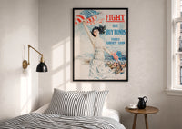 Framed Fight or Buy Bonds Third Liberty Loan print above striped bedding beside a brass wall lamp