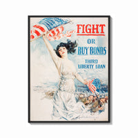 Framed Fight or Buy Bonds Third Liberty Loan print shown as a bold statement piece on a clean gallery wall