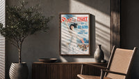 Fight or Buy Bonds Third Liberty Loan print in a wood frame above a fluted sideboard beside a woven chair