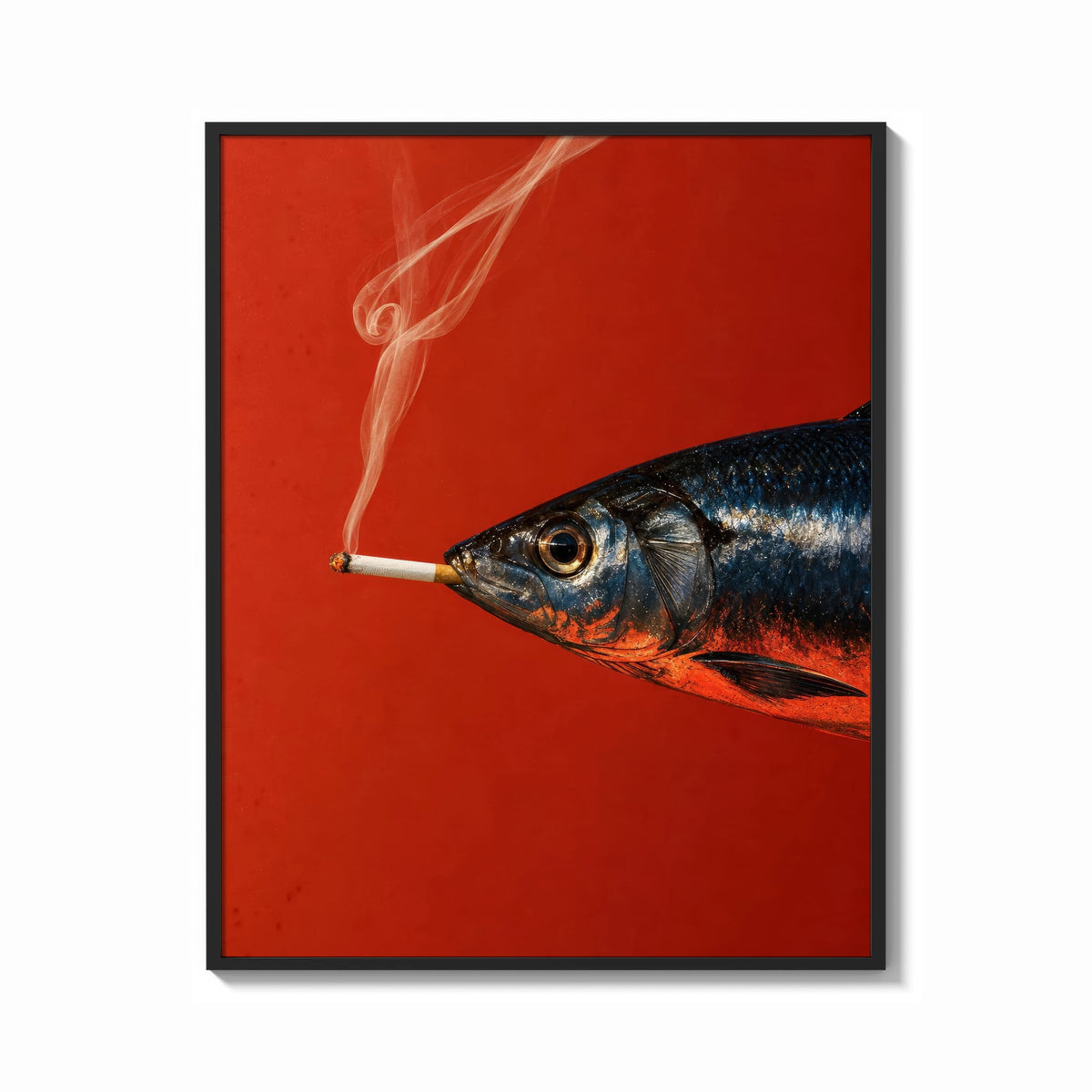 Framed Fish Smoking a Cigarette print shown as a bold statement piece on a clean gallery wall