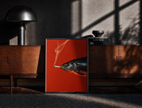 Black-framed Fish Smoking a Cigarette print on the floor in front of a dark wooden console