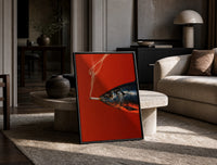 Fish Smoking a Cigarette print on the floor, leaning against a travertine table