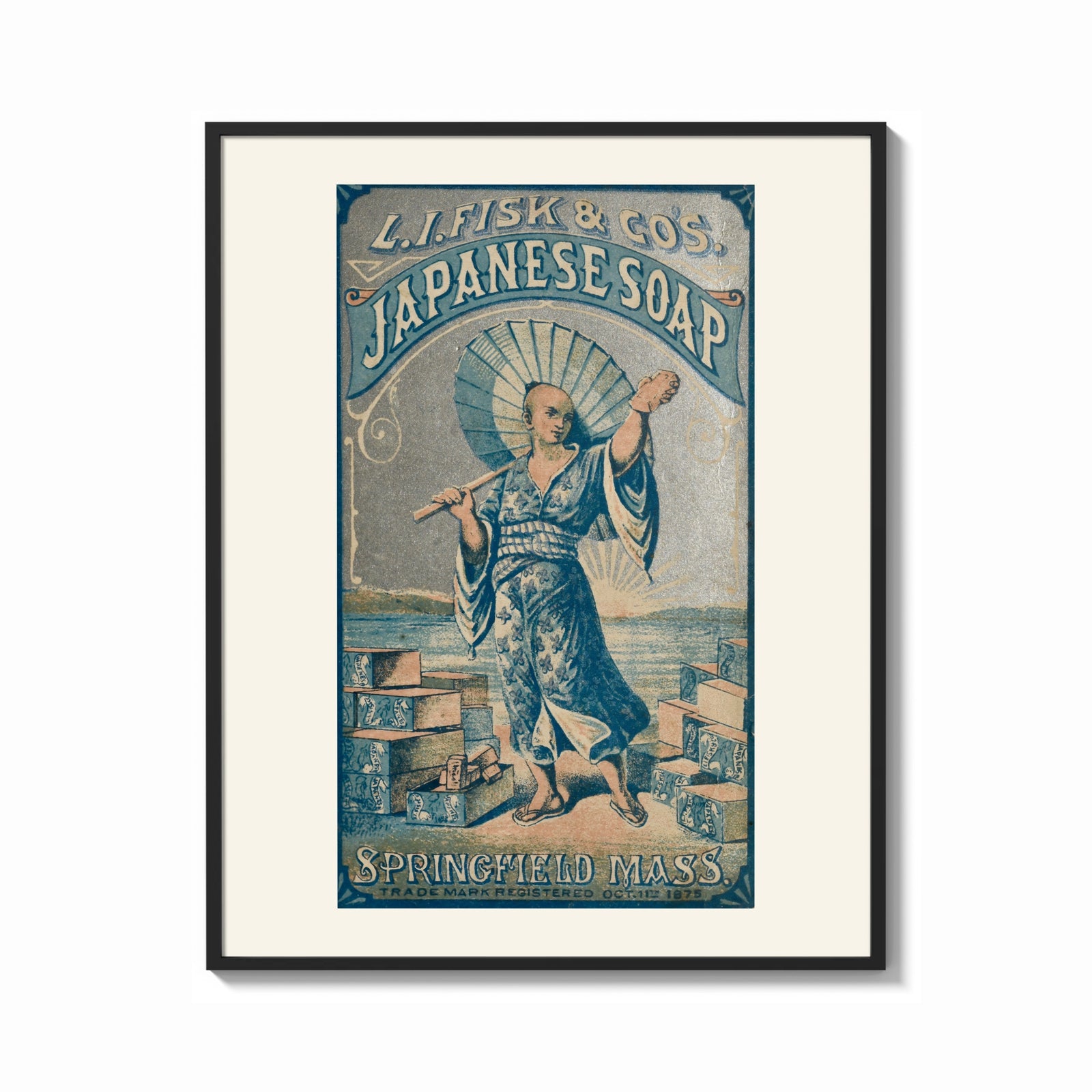 Framed Japanese figure holding parasol and soap print shown as a bold statement piece on a clean gallery wall