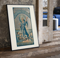 Japanese figure holding parasol and soap print in a black frame leaning beside a vintage door on parquet
