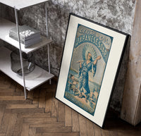 Japanese figure holding parasol and soap poster in a black frame leaning beside a shelf in a raw-plaster loft