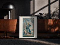 Black-framed Japanese figure holding parasol and soap print on a moody console with designer coffee-table books