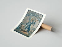 Rolled Japanese figure holding parasol and soap poster beside its crush-resistant kraft shipping tube