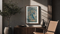Japanese figure holding parasol and soap poster framed above a fluted sideboard beside an olive tree