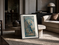 Japanese figure holding parasol and soap print in a black frame leaning on a travertine table in a sunlit lounge