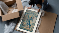 Japanese figure holding parasol and soap framed print being unpacked from protective bubble wrap and a box