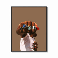 Framed Fist with a Blue Gemstone Ring print shown as a bold statement piece on a clean gallery wall
