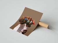 Gently curled Fist with a Blue Gemstone Ring print beside its protective shipping tube