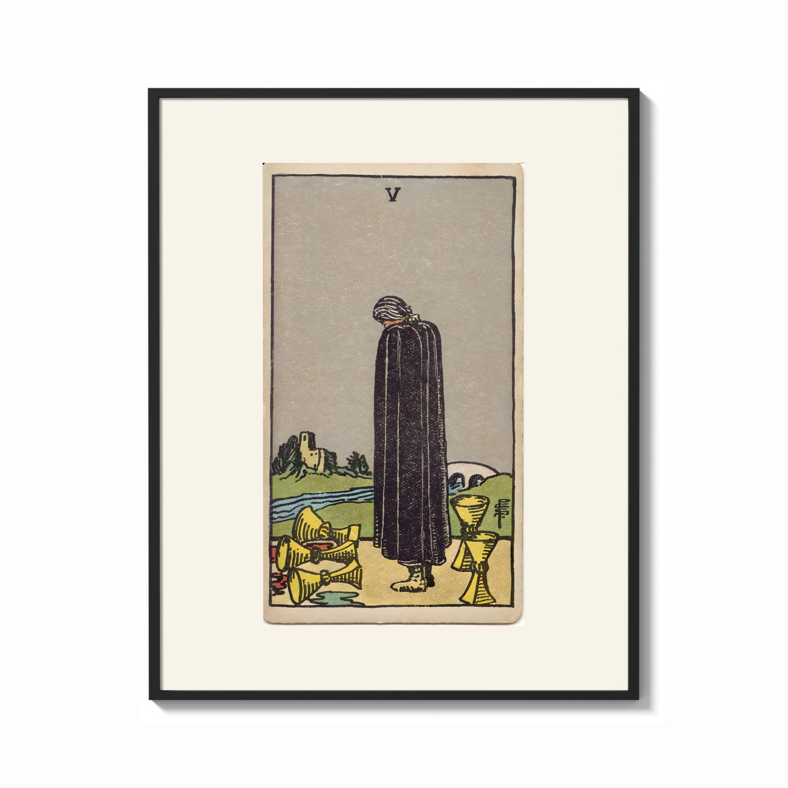 Framed Cloaked figure among spilled cups print shown as a bold statement piece on a clean gallery wall