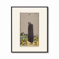 Framed Cloaked figure among spilled cups print shown as a bold statement piece on a clean gallery wall