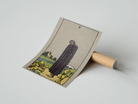 Gently curled Five of Cups print beside its protective shipping tube