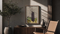 Five of Cups poster framed above a fluted sideboard beside a potted tree
