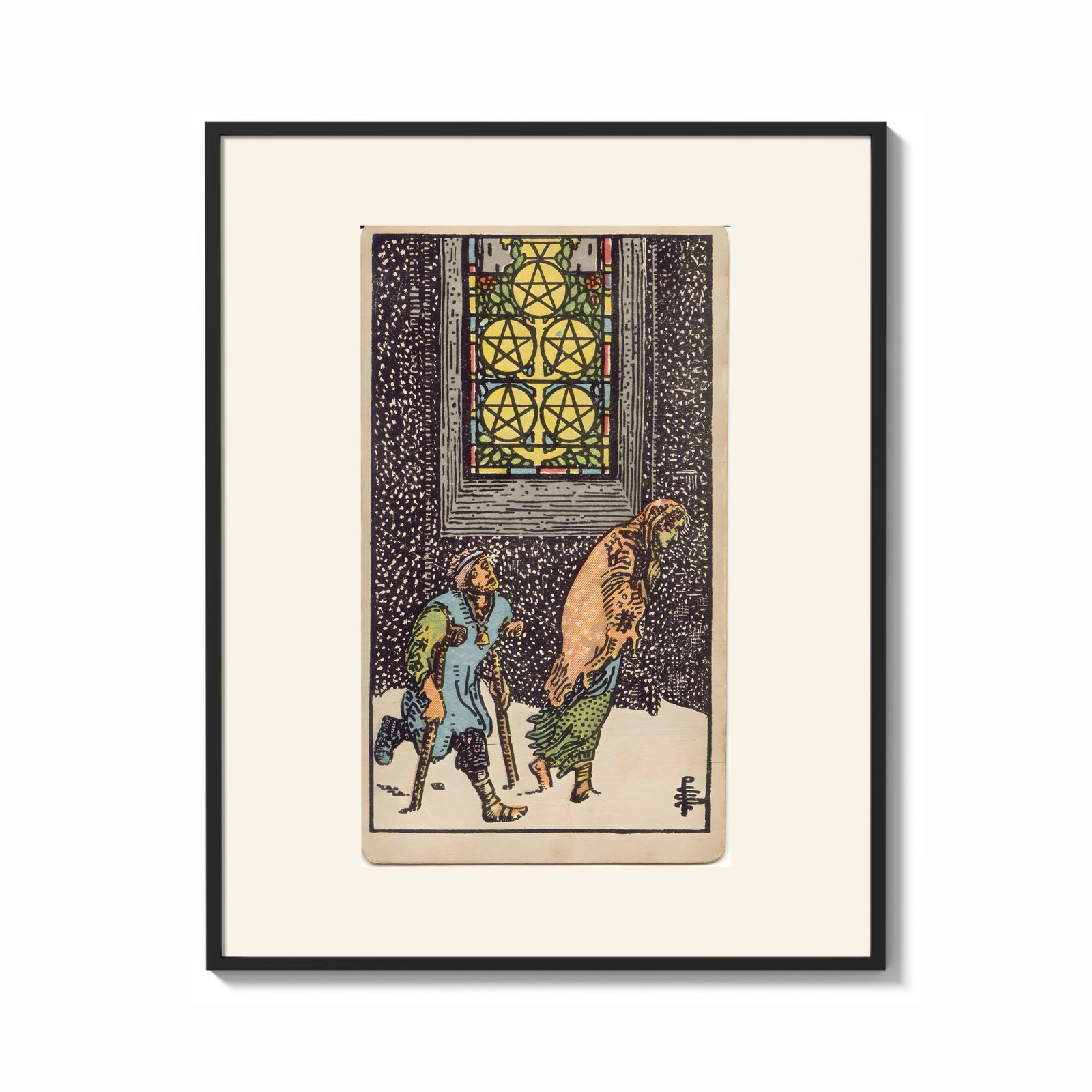 Framed Two beggars passing lit stained-glass window print shown as a bold statement piece on a clean gallery wall