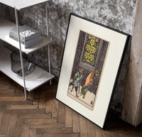 Two beggars passing lit stained-glass window poster in a black frame leaning beside a shelf in a raw-plaster loft