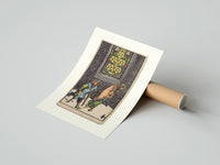 Rolled Two beggars passing lit stained-glass window poster beside its crush-resistant kraft shipping tube