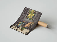 Gently curled Five of Pentacles print beside its protective shipping tube