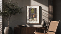 Two beggars passing lit stained-glass window poster framed above a fluted sideboard beside an olive tree