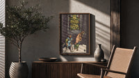 Five of Pentacles poster framed above a fluted sideboard beside a potted tree