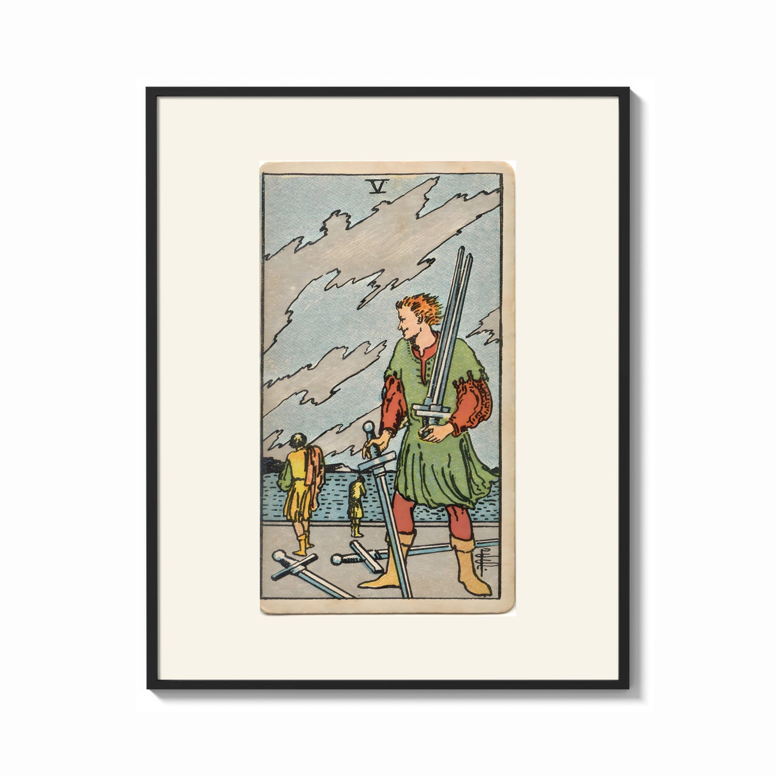 Framed Man collecting swords by shore print shown as a bold statement piece on a clean gallery wall
