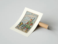 Rolled Man collecting swords by shore poster beside its crush-resistant kraft shipping tube