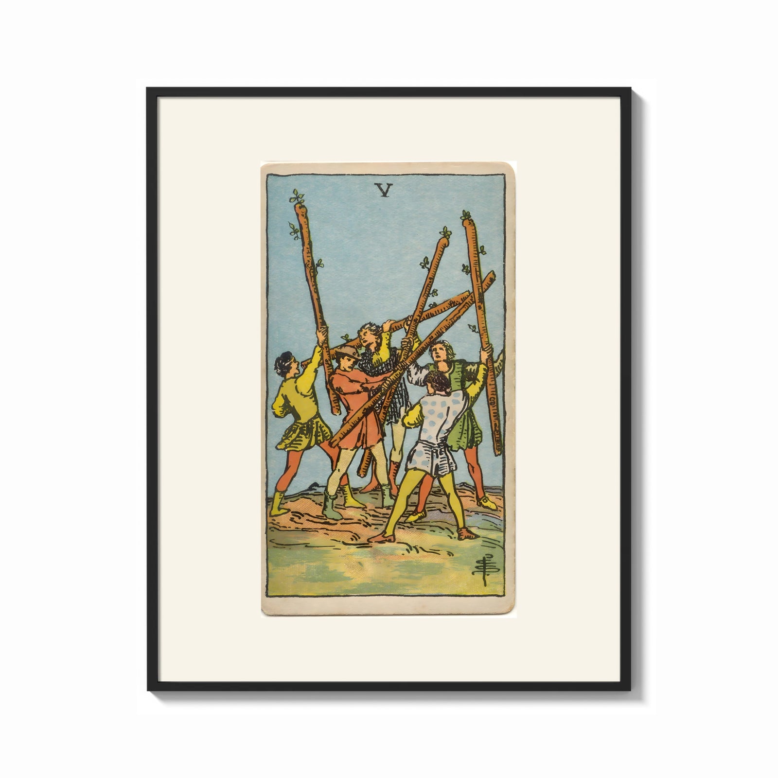 Framed Five men fighting with staves print shown as a bold statement piece on a clean gallery wall