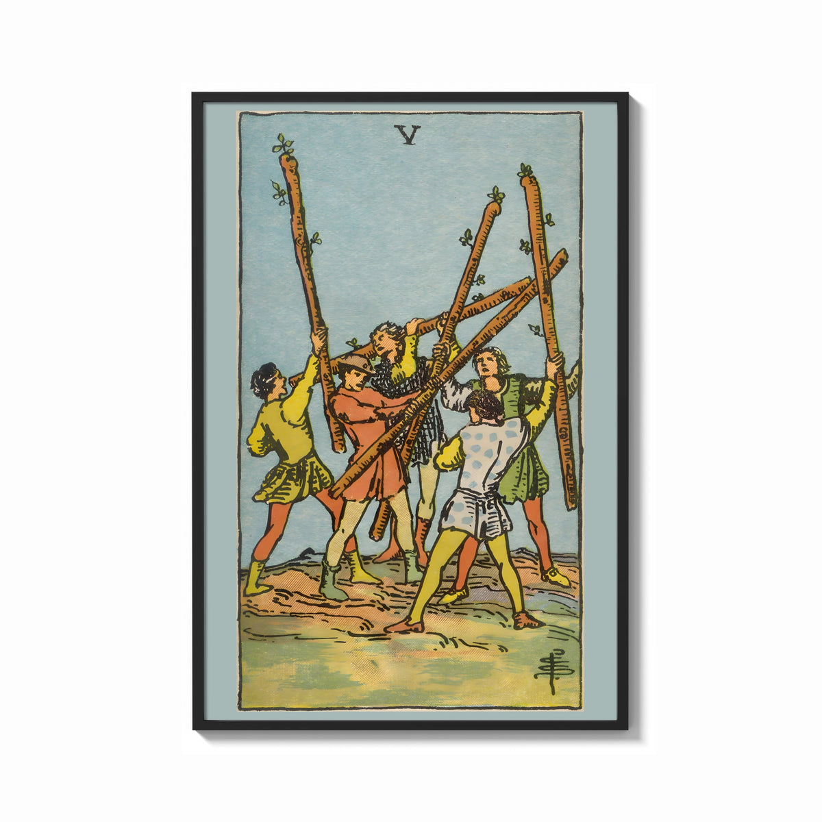 Framed Five of Wands print shown as a bold statement piece on a clean gallery wall