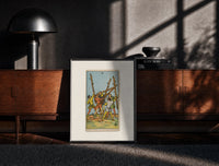 Black-framed Five men fighting with staves print on a moody console with designer coffee-table books
