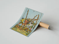 Gently curled Five of Wands print beside its protective shipping tube