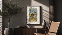 Five men fighting with staves poster framed above a fluted sideboard beside an olive tree