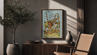 Five of Wands poster framed above a fluted sideboard beside a potted tree