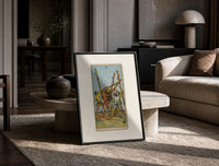 Five men fighting with staves print in a black frame leaning on a travertine table in a sunlit lounge