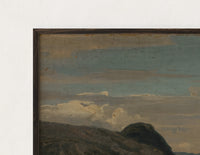 Close-up of the Coastal fjord landscape with headland print's dark wood frame corner and archival matte paper