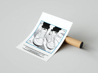 Flat lay of the Have a Nice Day streetwear poster trio beside a cardboard shipping tube