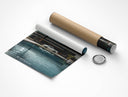 Flat lay of Porsche 911 Poolside Legend rolled print with cardboard tube and cap on white background